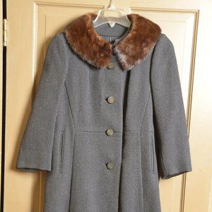 VINTAGE Sycamore Gray Dress Coat w/ Brown Mink Collar SIZE S/M